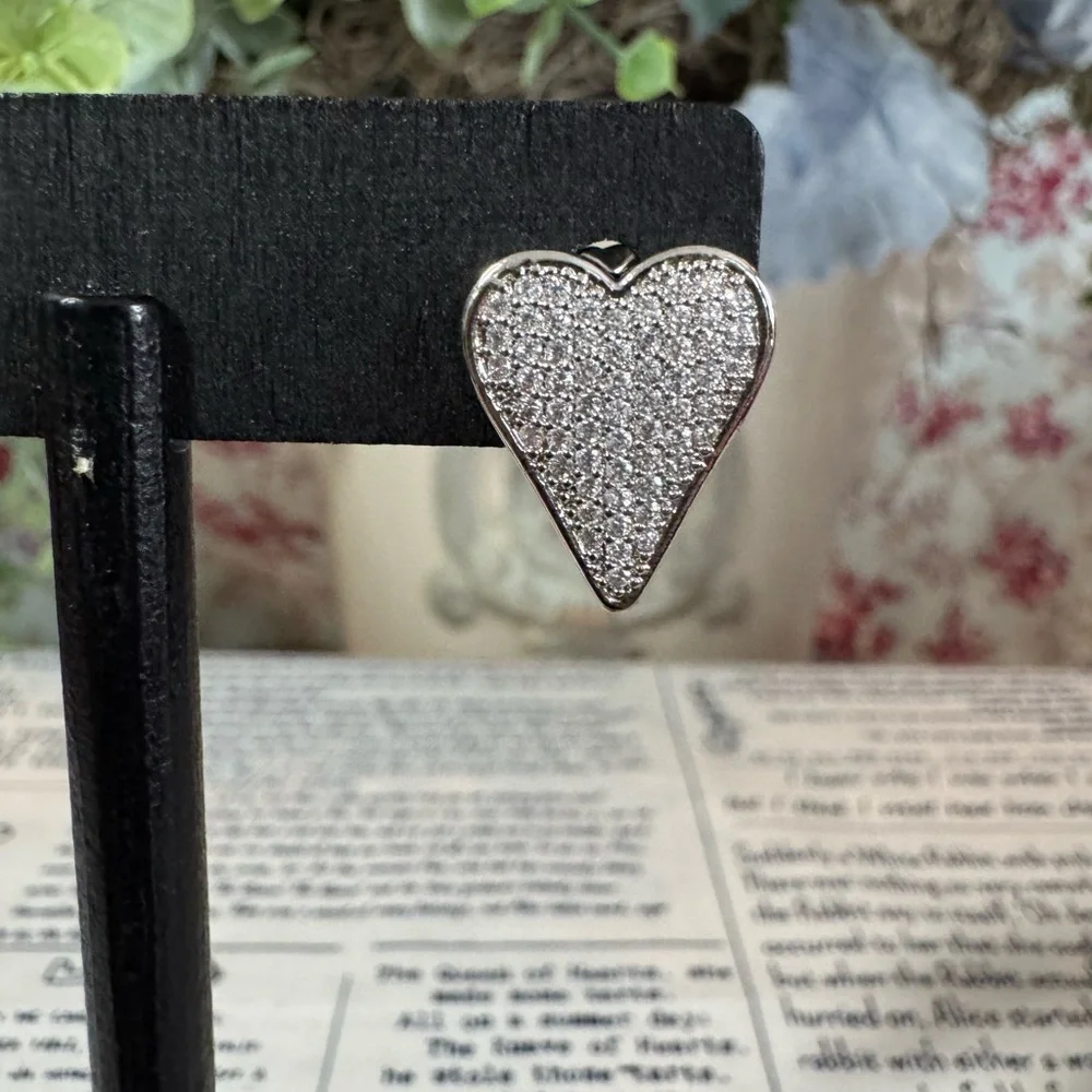 Stainless Steel Heart Pave Stud Earrings - Sparkling Silver Hearts - Picture 2 of 3